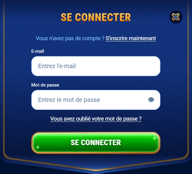 Écran de connexion Wingaga Casino — champs e-mail et mot de passe, lien mot de passe oublié.