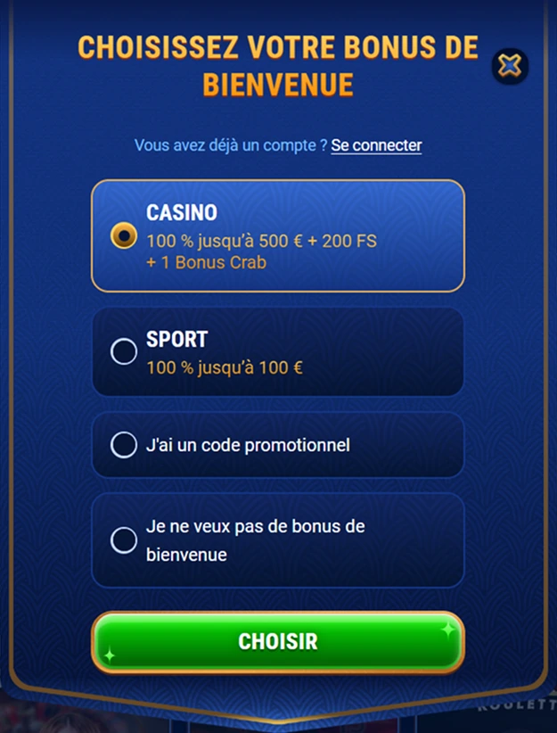 Première étape d’inscription Wingaga Casino – sélection du bonus de bienvenue sur la plateforme.