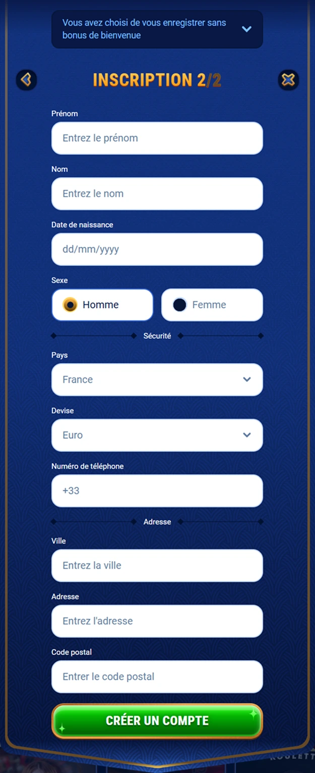 Troisième étape d’inscription Wingaga Casino – saisie des informations personnelles et coordonnées pour finaliser le compte.