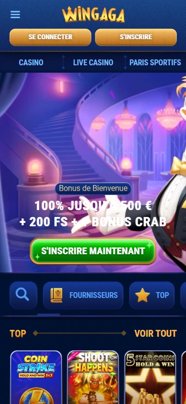 Écran d’accueil mobile de Wingaga Casino présentant une offre de bienvenue et un bouton d’inscription.