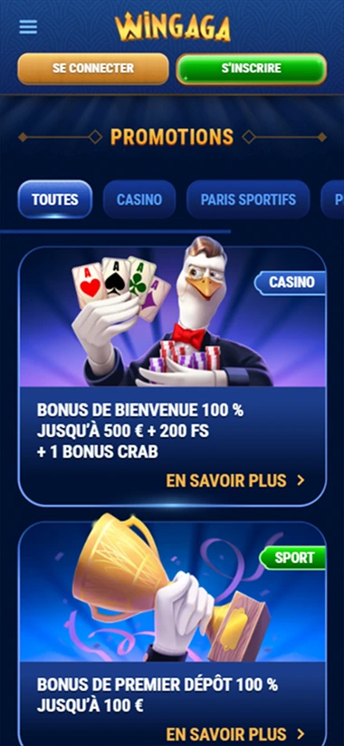 Page promotions de Wingaga Casino en version mobile, affichant une offre de bienvenue casino et un bonus de premier dépôt sport.