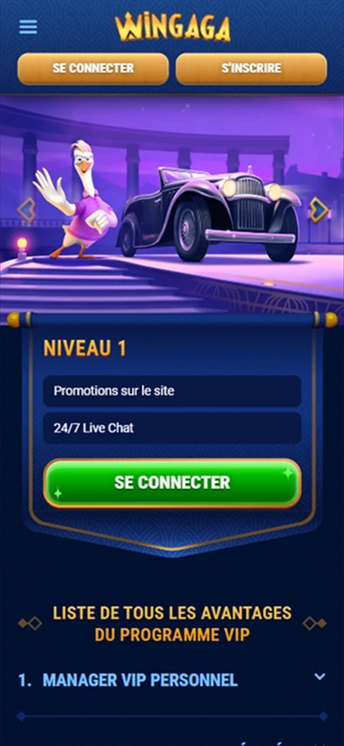 Page VIP de Wingaga Casino en version mobile, montrant le Niveau 1 avec promotions sur le site, chat en direct 24/7 et avantages du club VIP.